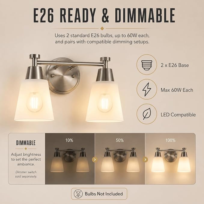 2-Light Bathroom Vanity Light, Brushed Nickel Finish with Milk Glass Shades, Over Mirror, for Bathroom Vanity