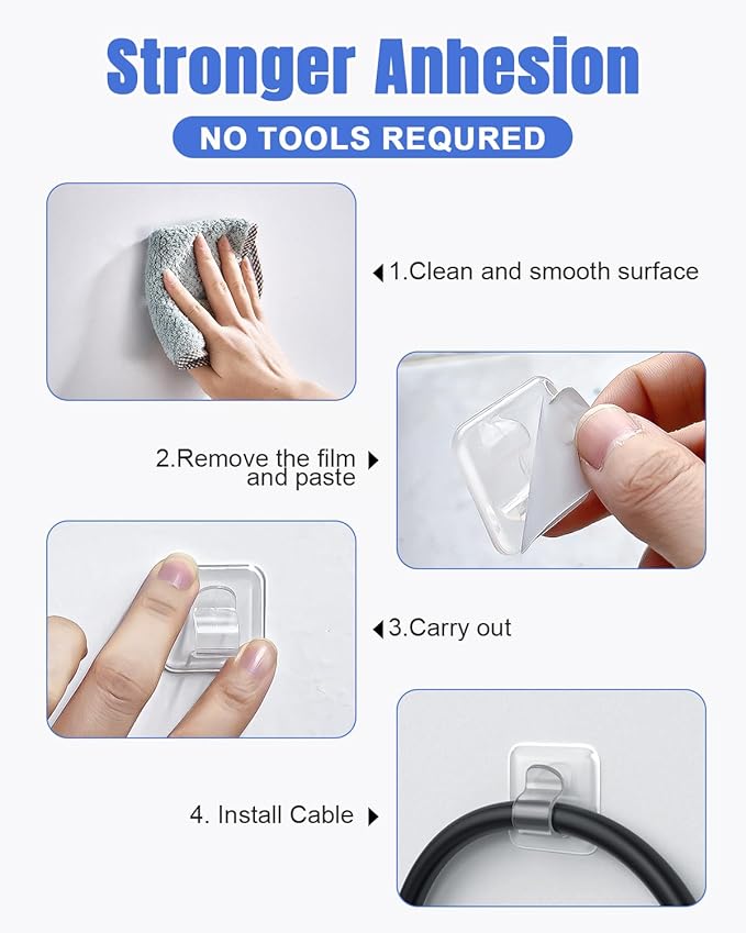 LZC 50 Pack Clear Adhesive Strips Hooks for Outdoor String Lights Clips | Large Square Heavy Duty Waterproof Sticky Light Hook Outside Hanging Rope Christmas Light Cable Cord Holders Organizer
