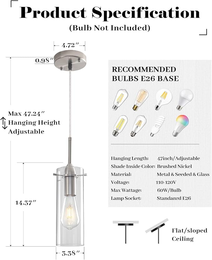 Glass Pendant Lights Kitchen Island 3 Packs, Brushed Nickel Kitchen Pendant Light, Modern Clear Glass Pendant Light Fixture, Hanging Pendant Lights for Kitchen Island Dining Room Hallway