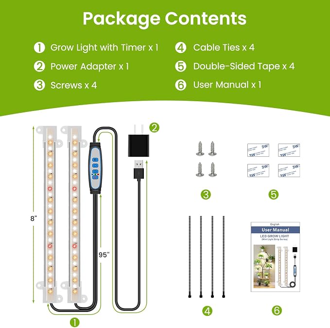 Kullsinss 8in Grow Lights Strips, 56 LEDs Plant Lights for Indoor Growing | Dual-Strip Full Spectrum Plant Lamp, 6/12/16H Auto Timer, 5 Dimmable Levels, 5V Low Heat, for Seedlings, Herbs & Plant Shelf