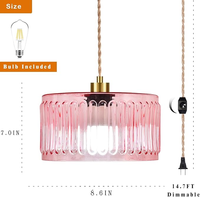 Pink Plug in Pendant Light Glass Hanging Lights with Plug in Cord Boho Hanging Lamp Gold Mid Century Modern Vintage Dimmable Flower Plug in Chandelier Ceiling Fixture for Living Room,Bedroom