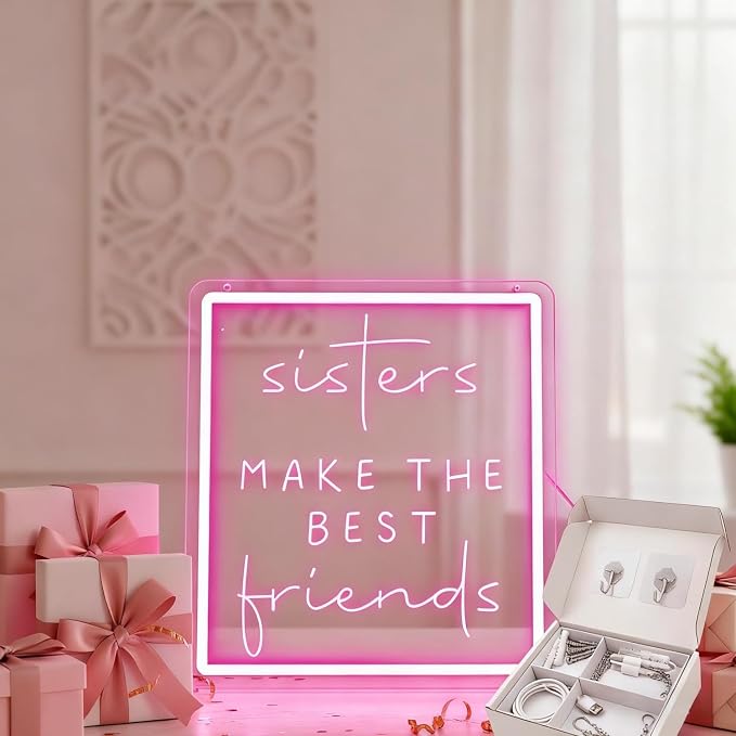 Sisters Make The Best Friends Neon Sign, Pink Led Wall Decor for Bedroom, Gift for Sister, Best Friend, BFF, USB Dimmable Aesthetic Room Decor for Girls, Unique Friendship Gift (13.8"x12.4")
