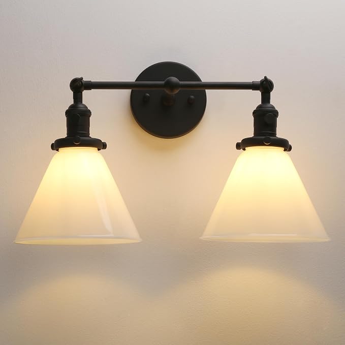 Double Sconce Vintage Industrial Black 2-Lights Wall Sconces with Funnel Flared Glass Milk Glass Shade Antique Scocne for Bathroom Living Room Home Office