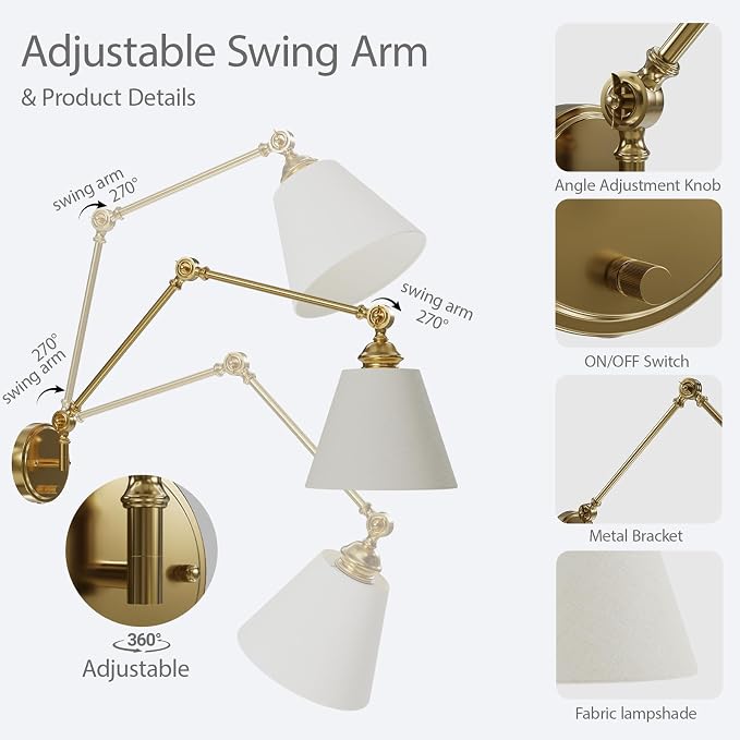 Plug in Wall Sconce, Gold Adjustable Swing Arm Wall Lamp, 1 Pack | Fabric Lampshade, Plug-in or Hardwired, E26 Base, 6.6FT Plug-in Cord, Knob Switch, Living room, bedroom, study room, office