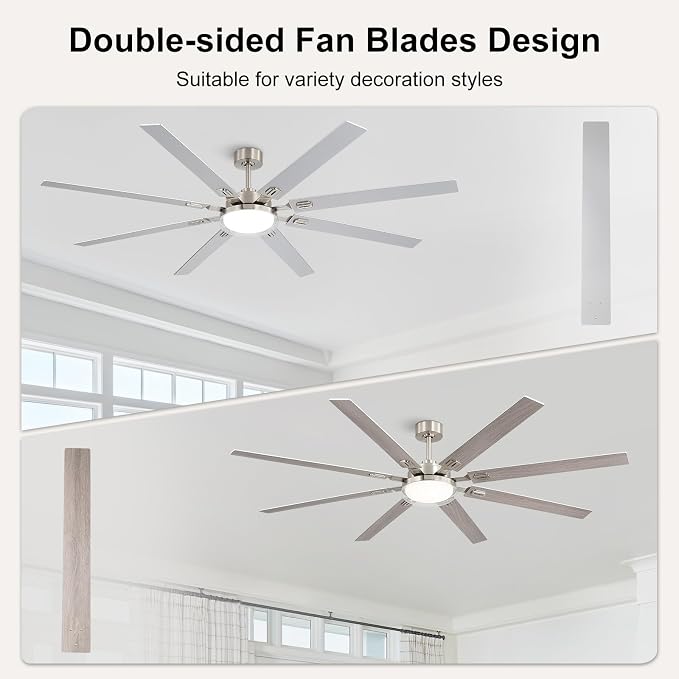 80 Inch Ceiling Fans with Lights and Remote,Living Room Office Library Cafe Outdoor, 5CCT Dimmable, Dual Color 8 Blades, 6 Speed Reversible Quiet DC Motor, Dual-Layer Shade, Sand-nickel/Wood Grain