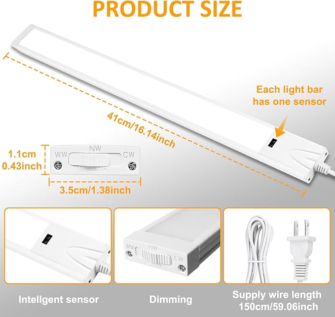 16 Inch Under Cabinet Lights with Hand Wave, 2 Pack Under Counter Light with Dimmable and Colour and Brightness Adjustable Over The Sink Lighting,LED for Kitchen Cabinet with Wire and Plug, Cupboard