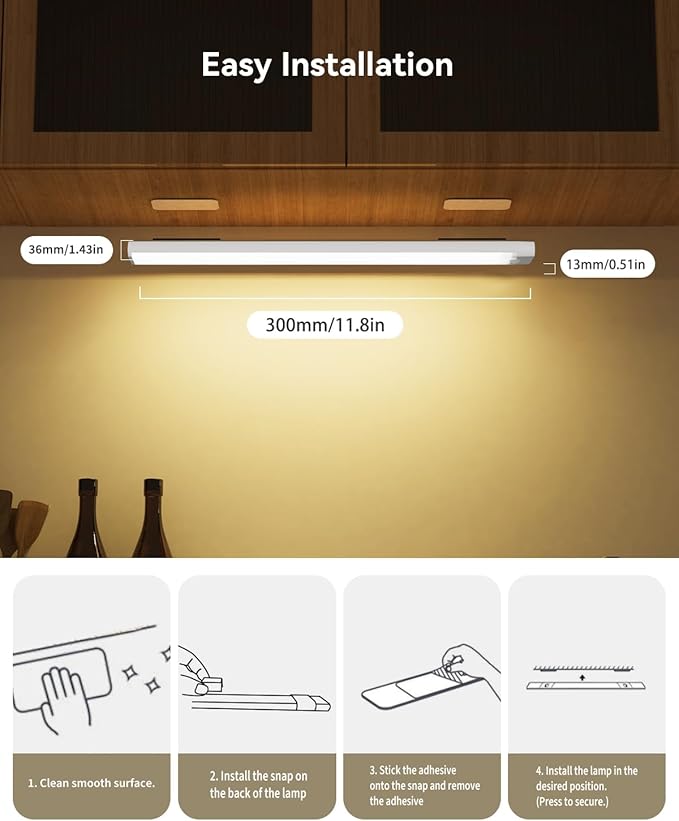 3 Packs Under Cabinet Lighting with Charging Station 12 Inches, Rechargeable Motion Sensor Light Indoor, 3 Color Dimmable Closet Light, USB Led Stick on Under Counter Lights for Kitchen Pantry