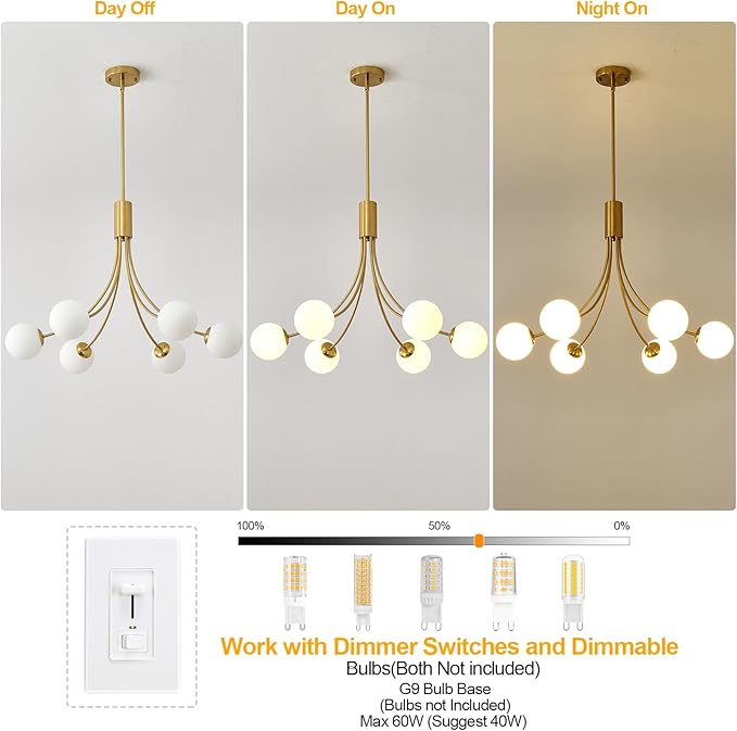 Modern Mid Century Gold Chandeliers, 6-Light Glass Globe Chandeliers Hanging Sputnik Chandelier Light Fixtures for Dining Room Living Room Bedroom Kitchen Island Foyer