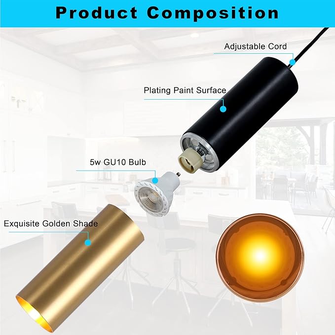 Modern Mini Pendant Light Set of 3, Metal Gold Black Pendant Ceiling Lamps Fixture with LED Bulb Hanging Light for Kitchen Island Living Room Bedroom Cafe Bar