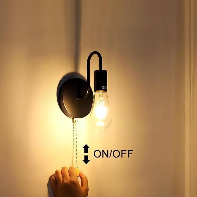 Hardwired Wall Sconce with Switch Set of Two, Small Wall Light Fixtures with Pull Chain, Black Metal Indoor Wall Lights E26 Edison Vintage for Kitchen Hallway