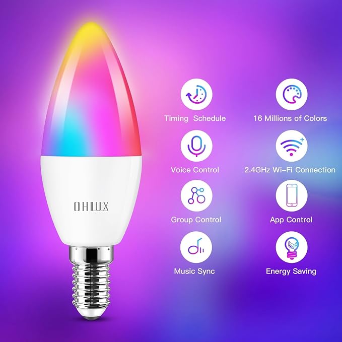 OHLUX 2 Pack E12 LED Bulb, 5W 40 Watt Equivalent Dimmable Smart Candelabra Bulbs Compatible with Alexa, Google Home, Color Changing, Music Sync, Voice Control, Timer