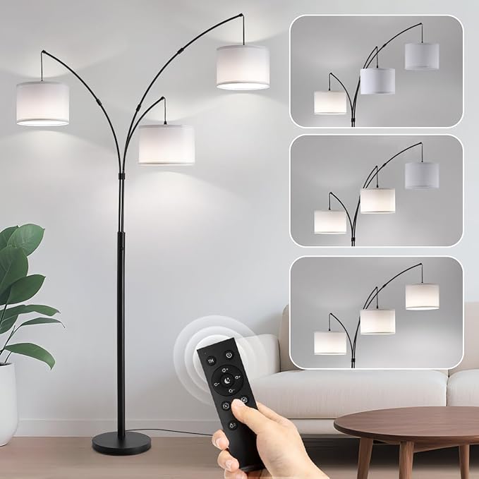 Floor lamp with Remote, 3 Light Arc Floor Lamps for Living Room, 2400LM Tall Standing Floor Lamps with White Shades, 80" Large Floor Lamp for Bedroom, Office