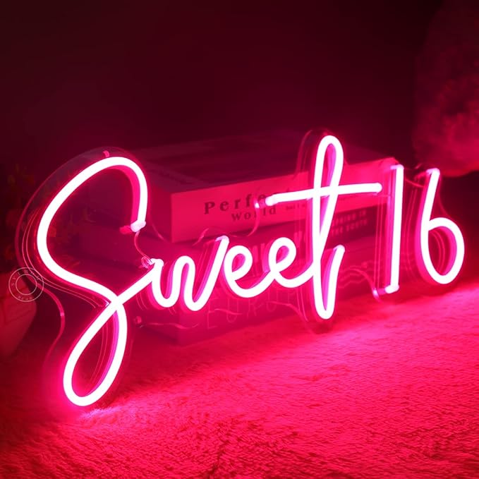 SYLHOME Pink Sweet 16 LED Neon Light Sign 17"X7.3" 5V Sweet Girls Adults Bedroom Happy Birthday Party Wall Decor Beautiful Bestie Sister USB