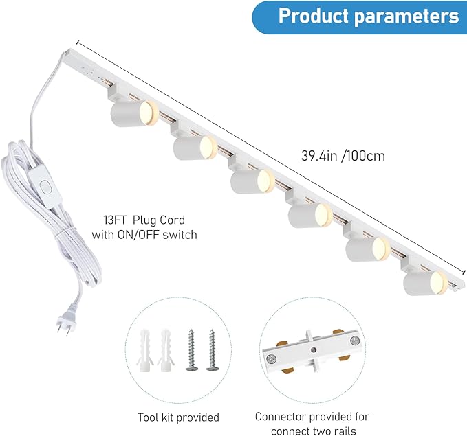 Plug in Track Lighting with Power Cord, 6-Light LED Track Lighting Kit with Track Rail, Modern Kitchen GU10 Track Lighting Fixtures Plug in Ceiling Light with 13FT Plug Cord, White (No Bulbs)