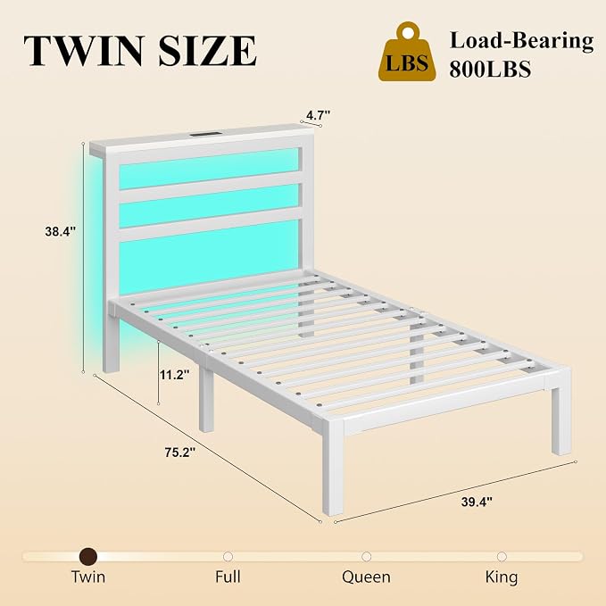 LOEWAY Twin Size Metal Bed Frame with Storage Headboard & LED Lights, White | Built-In Charging Station, Under-Bed Storage, Heavy Duty Metal Slats, No Box Spring Needed, Solid and Stable, Easy Assembly