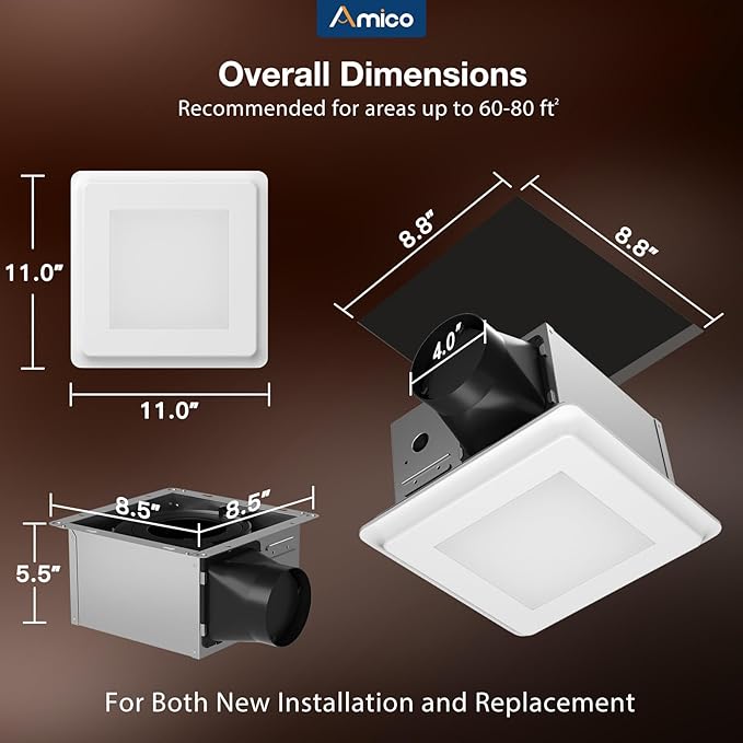 Amico Bathroom Exhaust Fan with Light, 80 CFM, 0.9 Sones, 1000LM, 5CCT, Easy Install, Ceiling Mount Shower Bathroom Fan, Adjustable Exhaust Vent with light, ETL & FCC Certified