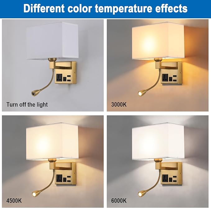 Wall Lamp for Bedroom Living Room Office Hotel, Plug in Wall Sconce with AC Outlet & USB Charging Port, Wall Mount Reading Light 360°Adjustable, Gold Headboard Lamp With 3 Color Temperature