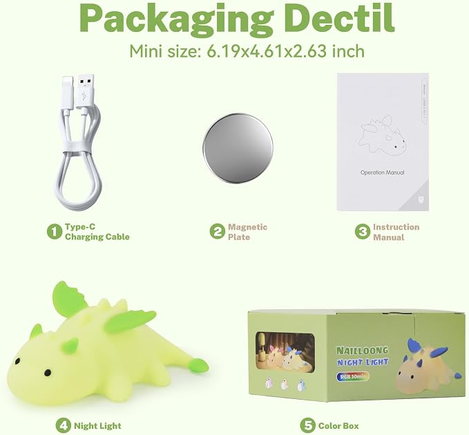AVEKI Lime Green Dragon Night Light, Cute Baby Dragon Lamp Gifts for Boys and Girls, 10 Modes Touch Dimmable Kids Nightlight, Rechargeable Baby Light for Nursery, Portable Moving Kids Lamp