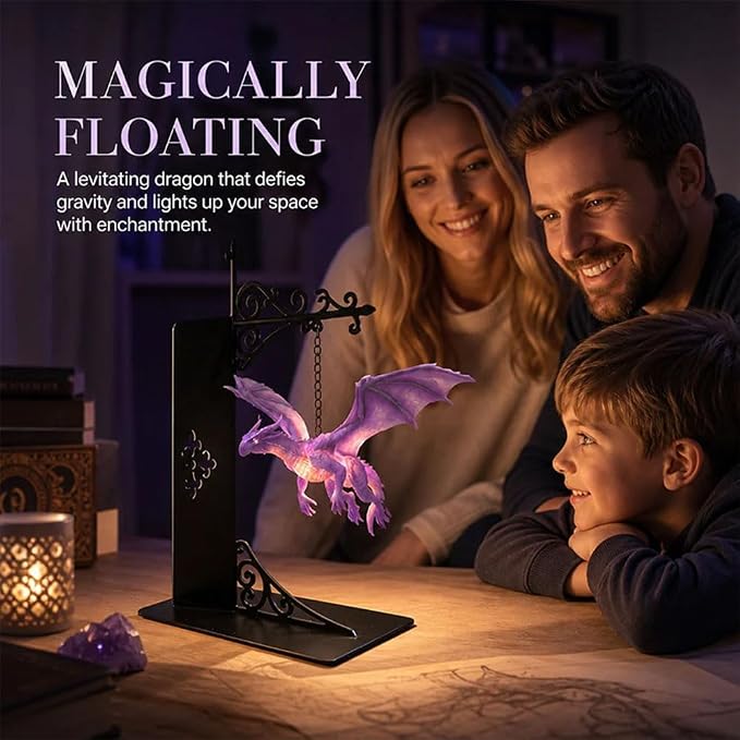 Magical Floating Dragon Bookshelf Lamp, Warm LED Dragon Night Light, Fantasy Reading Nook Decor, Unique Gift for Fantasy Lovers and Book Readers (Purple)
