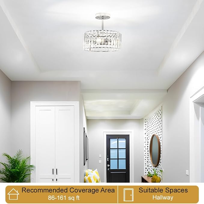 Lxybcce Modern Crystal Ceiling Light, Chrome Semi Flush Mount Ceiling Lighting Fixture, Hallway Light Fixtures Chandelier for Kitchen, Bedroom Dining Room Hallway Closet, 3-Light, 12 Inch