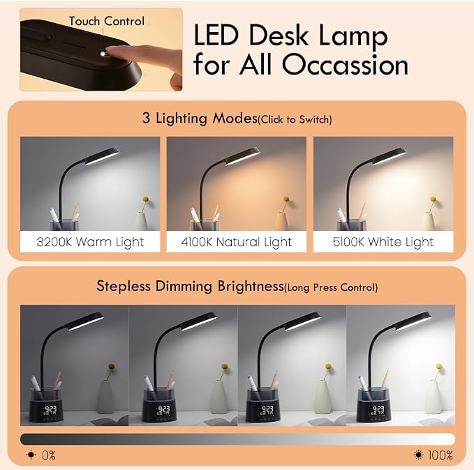 WILIT LED Kids Desk Lamp, Dimmable Study Lamp for Home Office Desk Accessories, with Pen Holder & Clock, USB Charging Port, RGB Night Light, Bedroom & College Dorm Room Essentials for Girls - Black