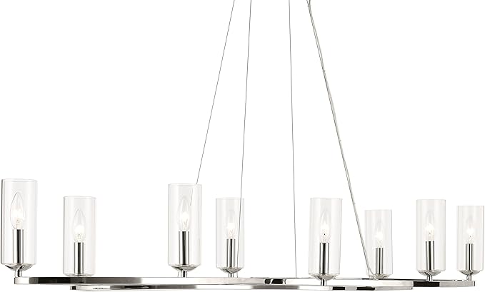Kichler Harpin 8-Light Linear Chandelier, Sloped Ceiling Compatible, for Dining Room or Kitchen with Clear Glass in Polished Nickel