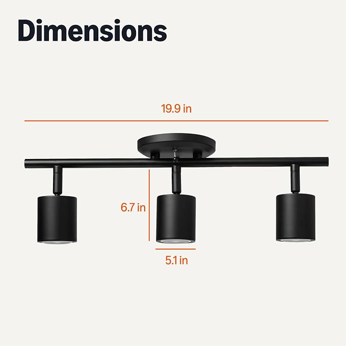 Amazon Basics 3-Light Track Lighting Kit, Dimmable, Adjustable Rotating Heads, GU10 MR16 LED Bulbs Included, 19.9L x 5.1W x 6.65H in, Black
