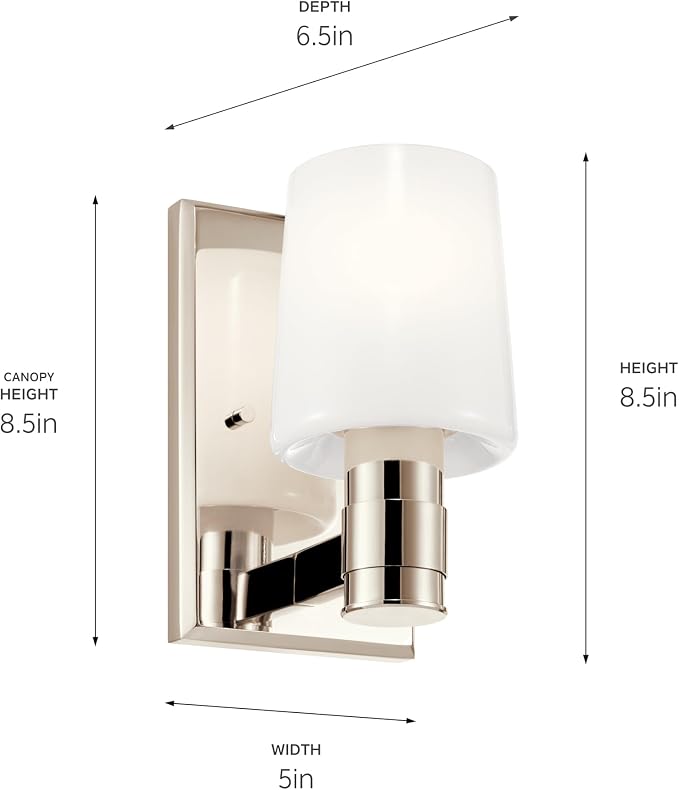 Kichler Adani 1-Light Wall Sconce, Modern Light with Opal Glass in Polished Nickel, for Bathroom, Powder Room, Kitchen, Bedroom, or Hallway (8.5" x 5"), 55174PN