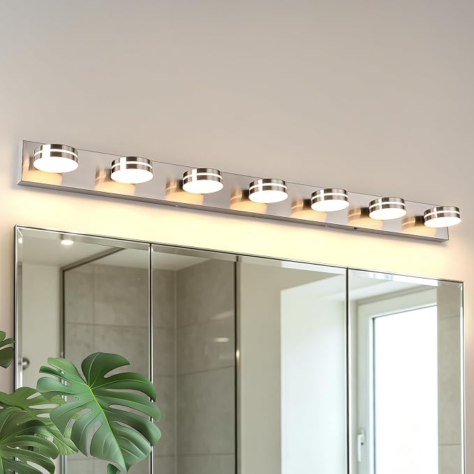Modern Bathroom Light Fixtures Over Mirror 7 Light Vanity Light | 55.12in 42W LED Dimmable Bath Lights, Wall Mounted Lighting Fixture with Rotating Lamp Head, Acrylic Metal, 5CCT Dimmable