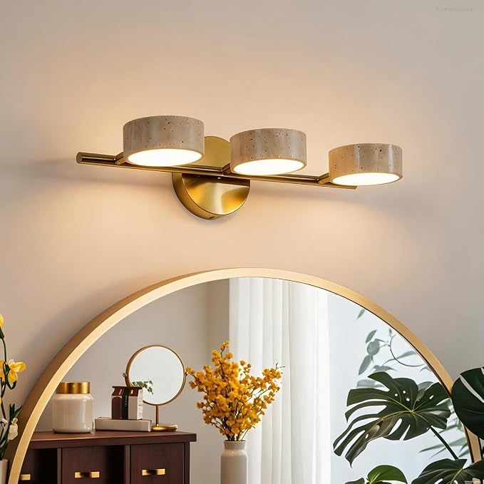 Led Bathroom Lighting Fixtures Over Mirror with 3 Travertine Shades,Vanity Lights Wall Lamp, 180° Rotatable Stone Lampshades Bathroom Lights, Modern Farmhouse Stone Sconces Gold