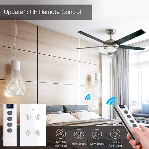 MoesGo WiFi RF Smart Ceiling Fan Light Switch, Work with Smart Life/Tuya APP, Control Speed Control Alexa and Google Home Compatible White