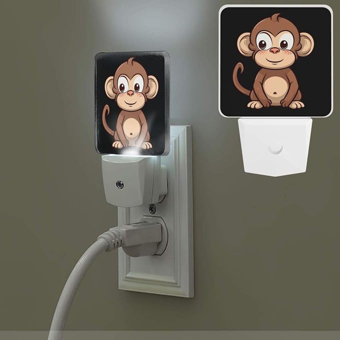Cartoon Brown Monkey Print Night Light with Light Sensors Plug in LED Lights Smart Nightstand Lamp Plug in Night Light for Bedroom Bathroom Hallway Home Decor