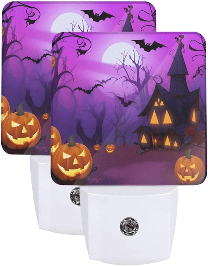 Halloween Pumpkin Night Light Set of 2, Lanterns and Ghost Owl Bat Auto Sensor LED Dusk-to-Dawn Nightlights, Plug-in Sensor Lamp for Bedroom Bathroom Kitchen Hallway Stairs Decorative