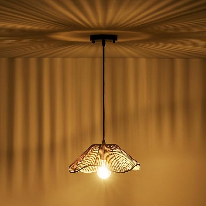 Hard Wired Rattan Pendant Lights Set of 2,Kitchen Island Pendant Lights with 12” Flower Shade,Boho Handwoven Paper Rope Rattan Ceiling Light for Living Room Dining Room Restaurant Foryer