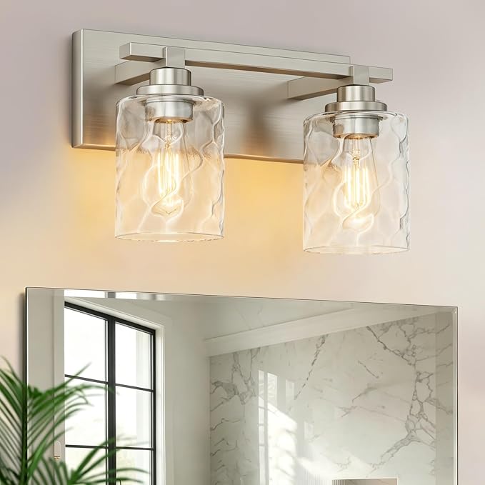 Modern Bathroom Lighting Fixtures Over Mirror, Vanity Lights for Bathroom, Wall Sconces with Clear Glass Shades, E26 Ceramic Socket, 2-Light 14-inch Brushed Nickel
