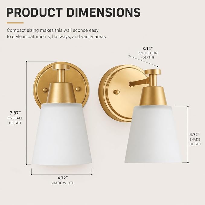 Wall Light Fixtures, 2-Pack Brushed Gold Vanity Lights with Milk Glass Shade, Modern Farmhouse Wall Sconces for Gallery, Mirror, Bedroom, and Bathroom,1 Light