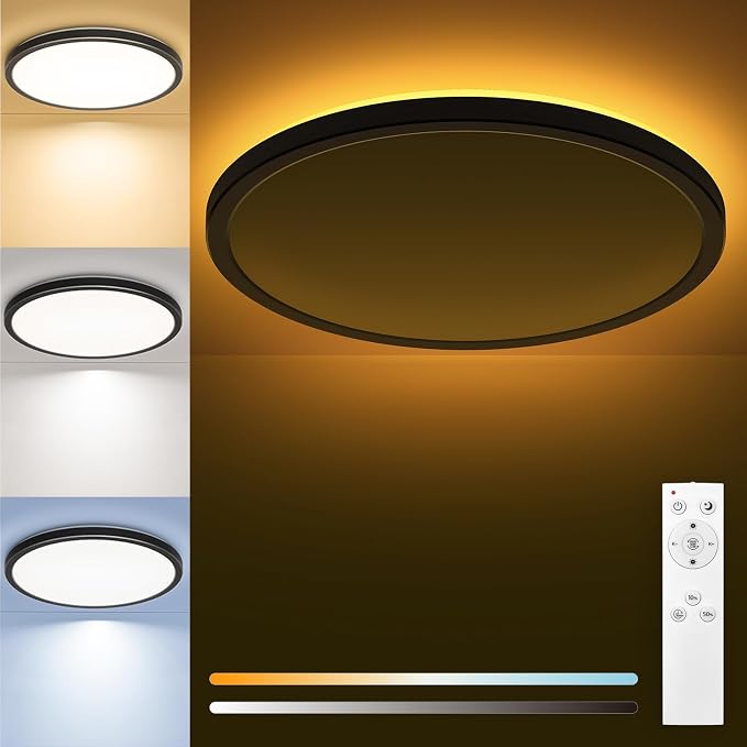 Matane 12in LED Flush Mount Ceiling Light Fixture with Remote Control, Nightlight 2000K Warm, 24W 3000K-6500K Adjustable, Wired Low Profile Ceiling Lights for Bedroom, Kitchen, Living Room Black