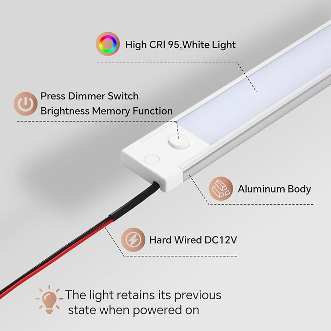 acegoo RV Interior Light Bar, 12V LED Light Strip (Warm White, 12 inch) | Sleek Design, Integral Dimmer Switch & Red Night Light. For Motorhome Camper Trailer Countertop Under Cabinet Lighting