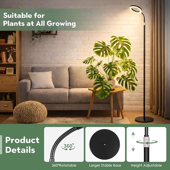 LBW Floor Grow Light with Stand for Large & Tall Indoor Plants, Full Spectrum Floor Plant Light, Auto On/Off Timer 6/8/12/16H, 5-Level Dimmable, Adjustable Height up to 68''
