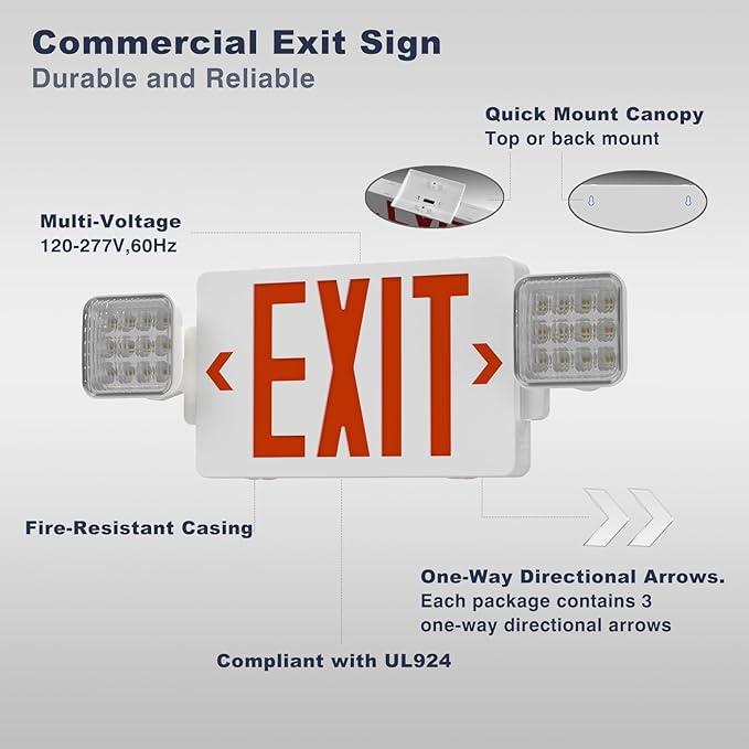 12 Pack Exit Signs with Emergency Lights, Adjustable Double Head-Hardwired with Battery Backup for Business, AC 120-277V,ETL Certified, Wall/Ceiling Mount