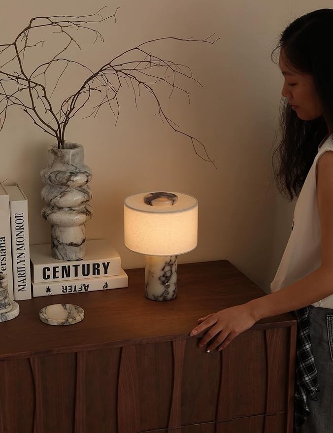 BSOD Marble Table Lamp, Natural Stone Lamps Collection - 10 inch Modern Luxury Design Decorative Light for Entry, Console, Bedroom, Living Room, Counter & Kitchen (Plug-in Calacatta Viola Lamp)