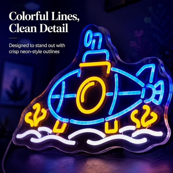 Submarine Neon Sign, RGB Color Changing, 16.5" x 10.7"IN | LED Underwater Sub Light, USB Powered, Wall Decor, Gamer Room Aesthetic, Boys Bedroom & Man Cave