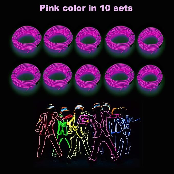 MaxLax EL Wire Pink 10-Pack, 9ft Neon Light Wire with Noise Reduction and Battery Pack…