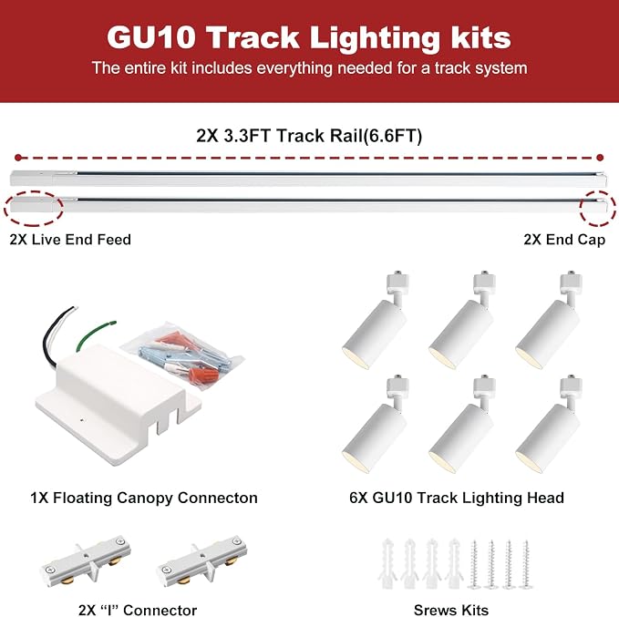 6-Light LED Track Lighting Kit with 6.6FT H Type Track Lighting Rails and Floating Canopy Connector, Modern Kitchen GU10 Track Lighting Fixtures Ceiling Spot Light, White (No Bulbs)