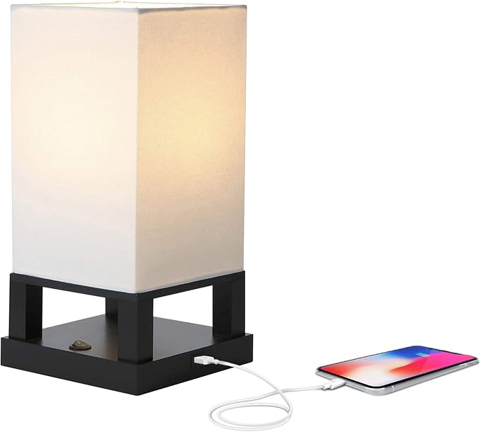 Brightech Maxwell Bedside Lamp with USB Port – Compact Table Lamp for Bedroom, Living Room - Modern Asian Nightstand Lamp with Wood Frame - LED Bulb, Soft Light - Black