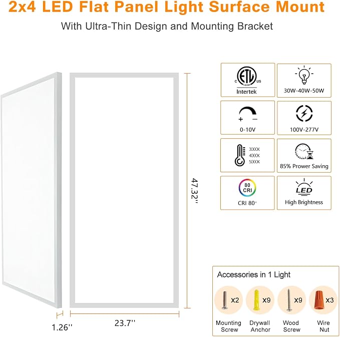 24-Pack 2x4 FT LED Flat Panel Light Surface Mount | 5000K-4000K-3000K Switchable & 0-10V Dimmable, 30W-40W-50W Selectable, ETL Listed, 100-277V, White