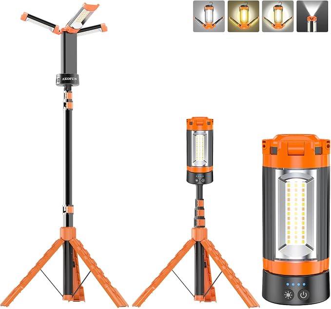 AKOFUN 12000mAh Camping Light with Stand, Portable Rechargeable Work Light | 10000 Lumen Dimmable Cordless Work Light with 3 LED Lamp Heads, Magnetic Emergency Flashlight with 79" Detachable Tripod