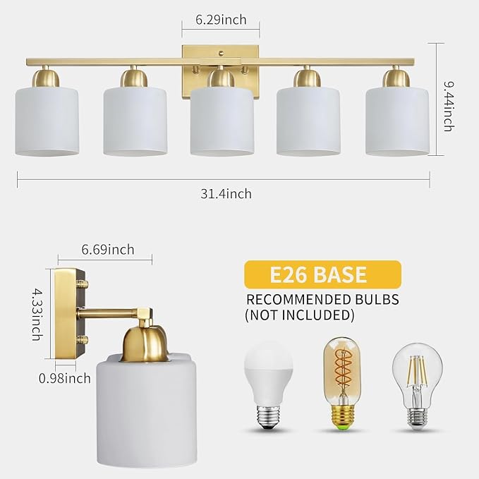 Bath Vanity Lights for Mirror, Restroom Lights Fixtures with Milky White Frosted Glass Shades,Bathroom Over Sink Light Fixtures, Bathroom Light Fixtures Over Mirror