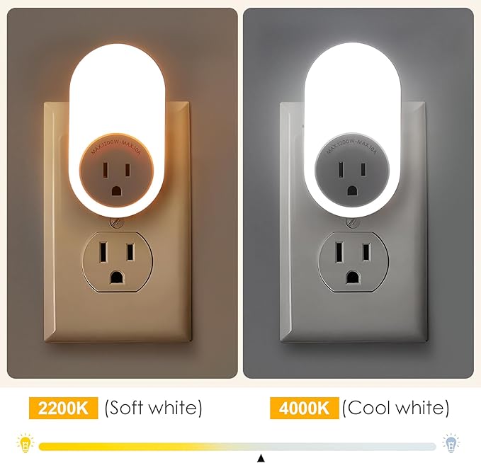 Dawnrise Night Lights Plug Into Wall,Dusk to Dawn Sensor Night Light with Power Outlet,CCT 2200K/4000K,5/20LM Adjustable Brightness for Bedroom,Kitchen,Living Room,Office (4 PK)