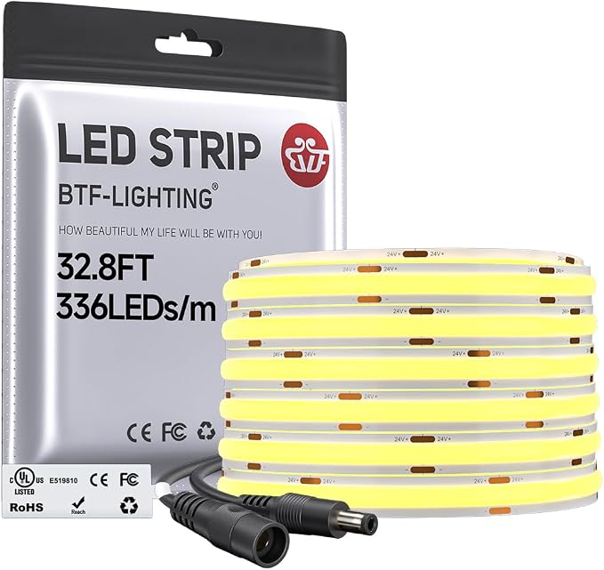 BTF-LIGHTING FCOB COB LED Strip Cool White 6000K, UL Listed 32.8FT DC24V Super Bright Uniform Light, CRI 90+ 8mm Width Flexible Tape Light for Home Indoor DIY Lighting(No Adapter or Controller)